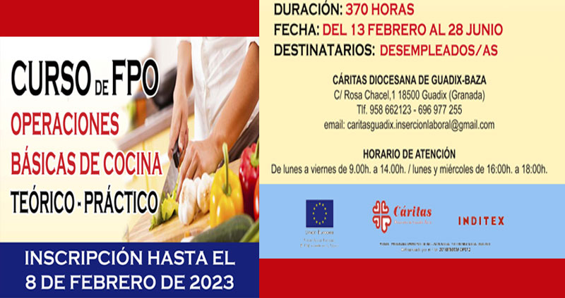 Abierto el plazo de inscripción en el Curso de Operaciones Básicas de Cocina que ofrece Cáritas Diocesana de Guadix