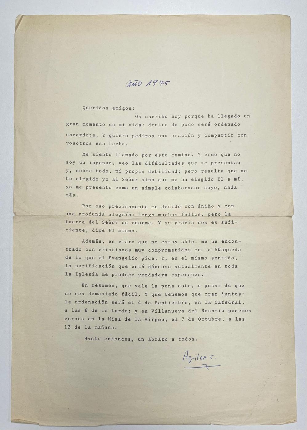 Carta que escribió Antonio Aguilera a sus padres antes de la ordenación sacerdotal