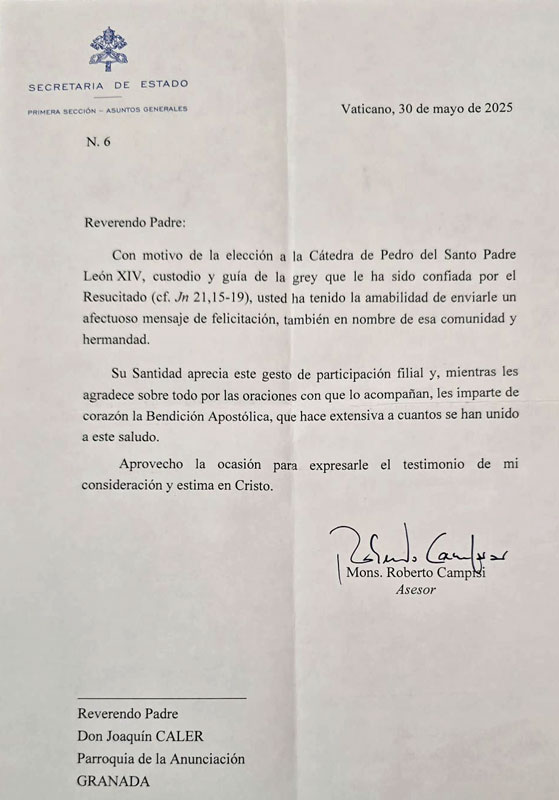Benamaurel felicitación del papa León carta