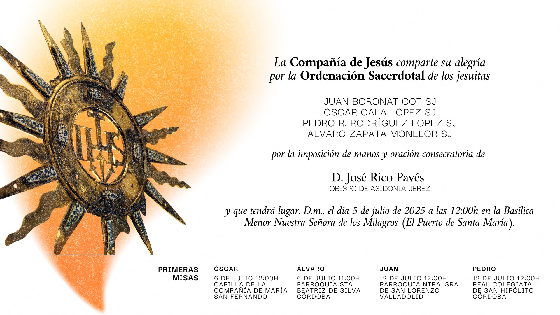 Este sábado 5 de julio Monseñor Rico Pavés preside la ordenación de 4 nuevos sacerdotes jesuitas
