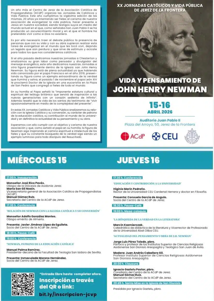 Las Jornadas de Católicos y Vida Pública de Jerez dedican su XX edición a la vida y el pensamiento de John Henry Newman