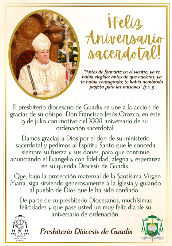 Obispo felicitación 31 aniversario ordenación sacerdotal 9 7 26 2