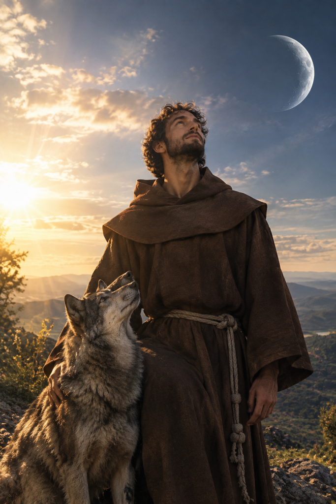 Monje-y-lobo-bajo-el-sol-y-la-luna-683x1024